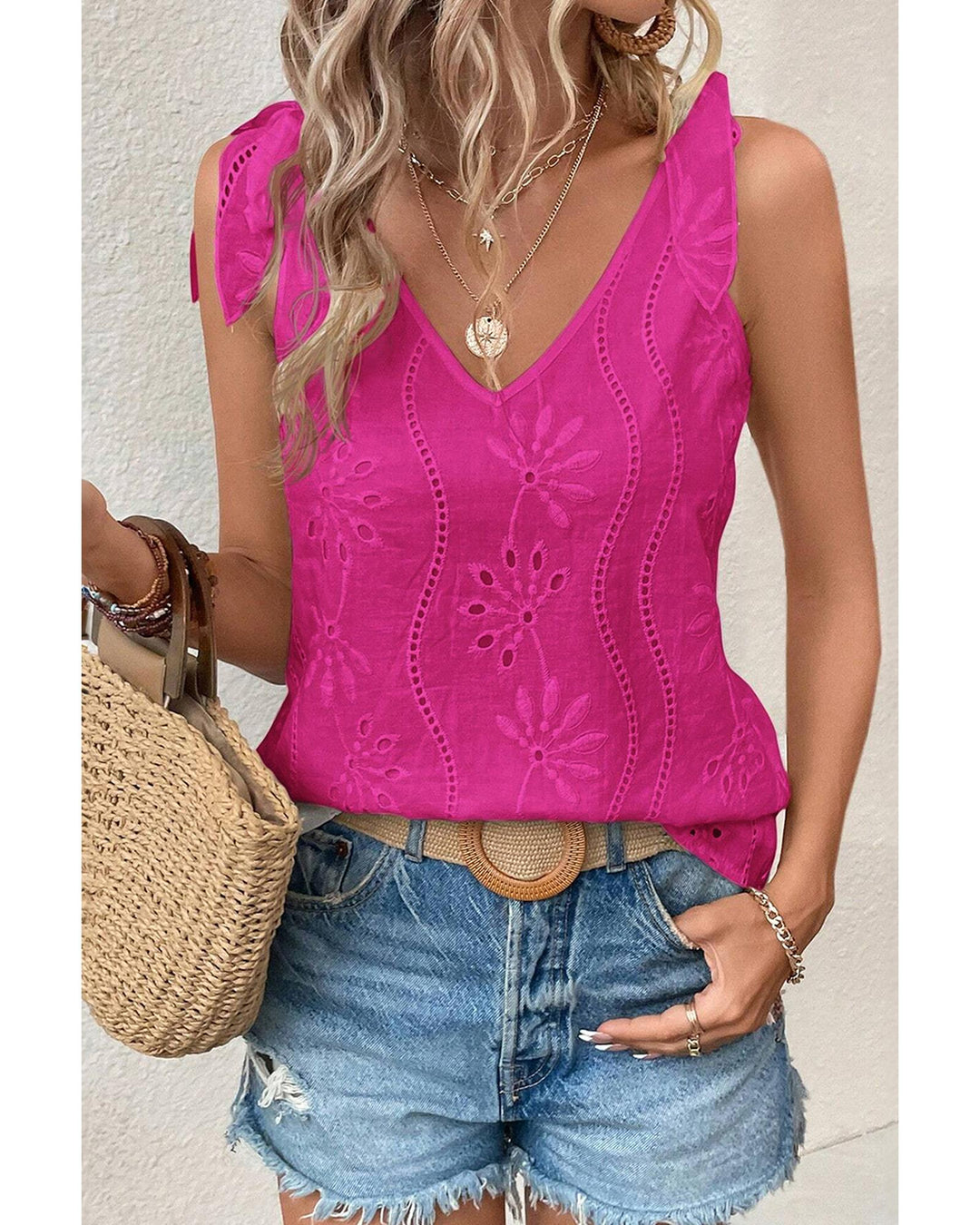 Rose Red Embroidery Patterned Knotted Straps V Neck Tank Top - S