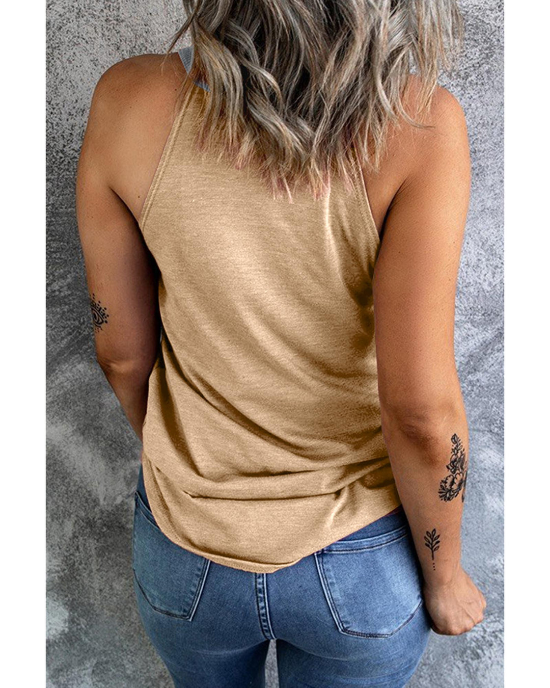 Light French Beige Geometric Color Block Sleeveless Top - L