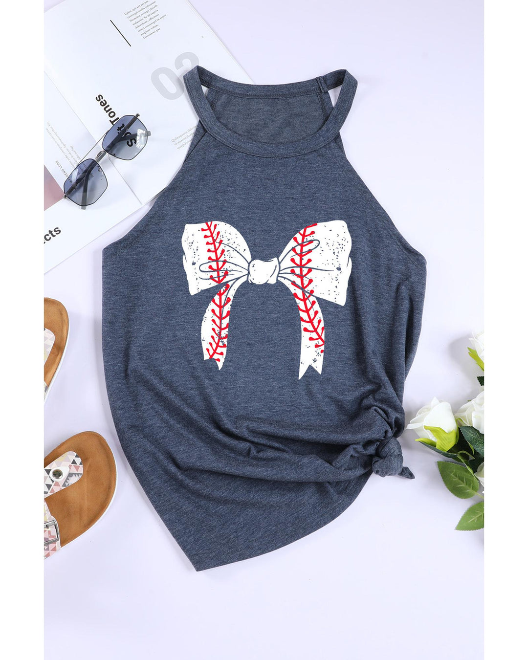 Blue Baseball Bow Knot Print Slim Fit Crewneck Tank Top - 2XL