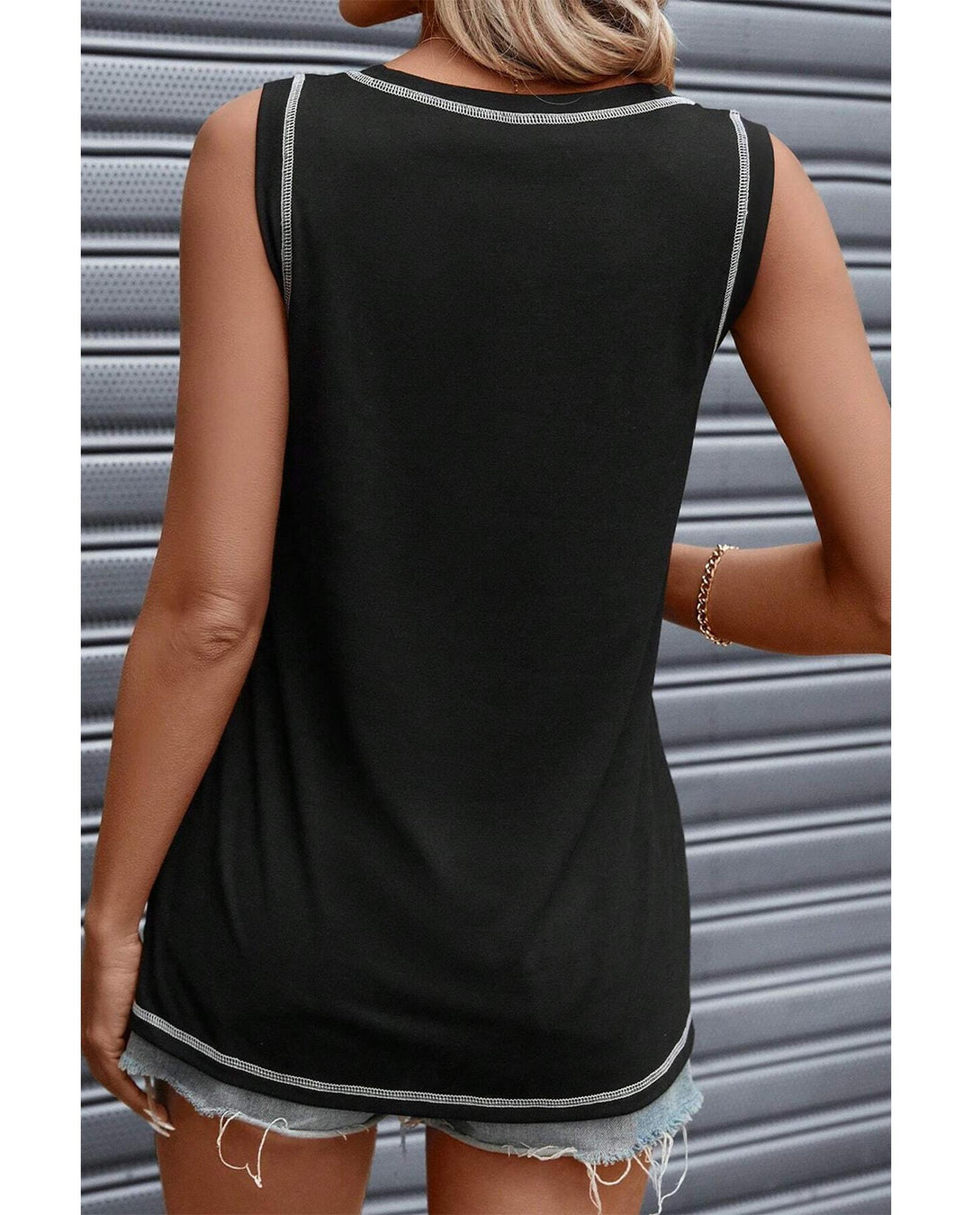 Black Contrast Stitch Round Neck Sleeveless Top - M