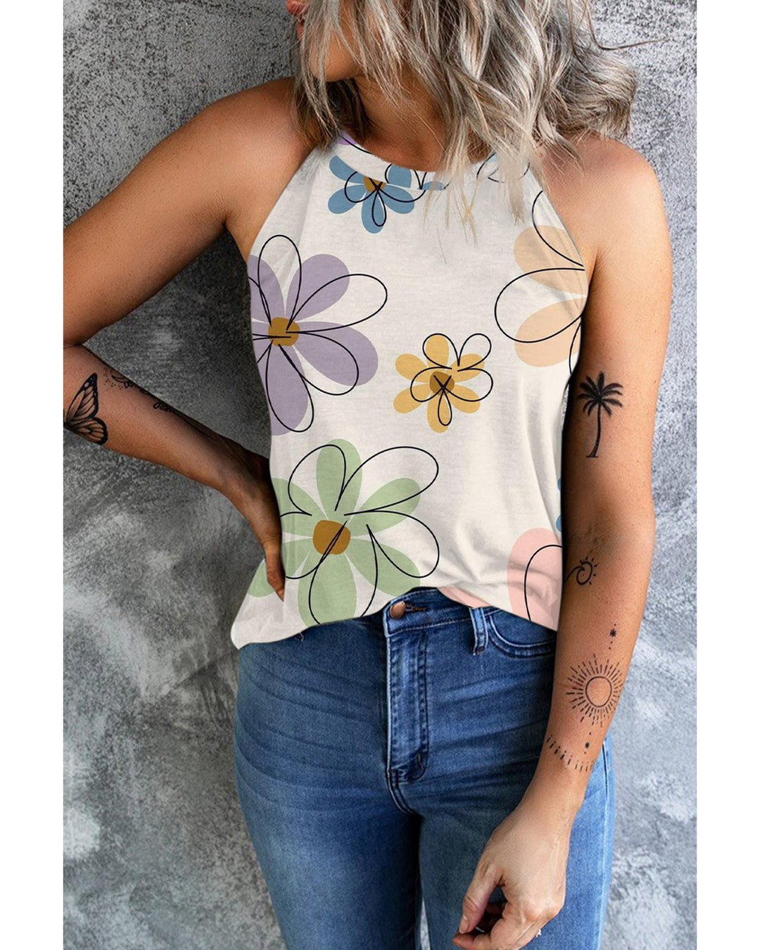 Beige Sweet Floral Tank Top - S