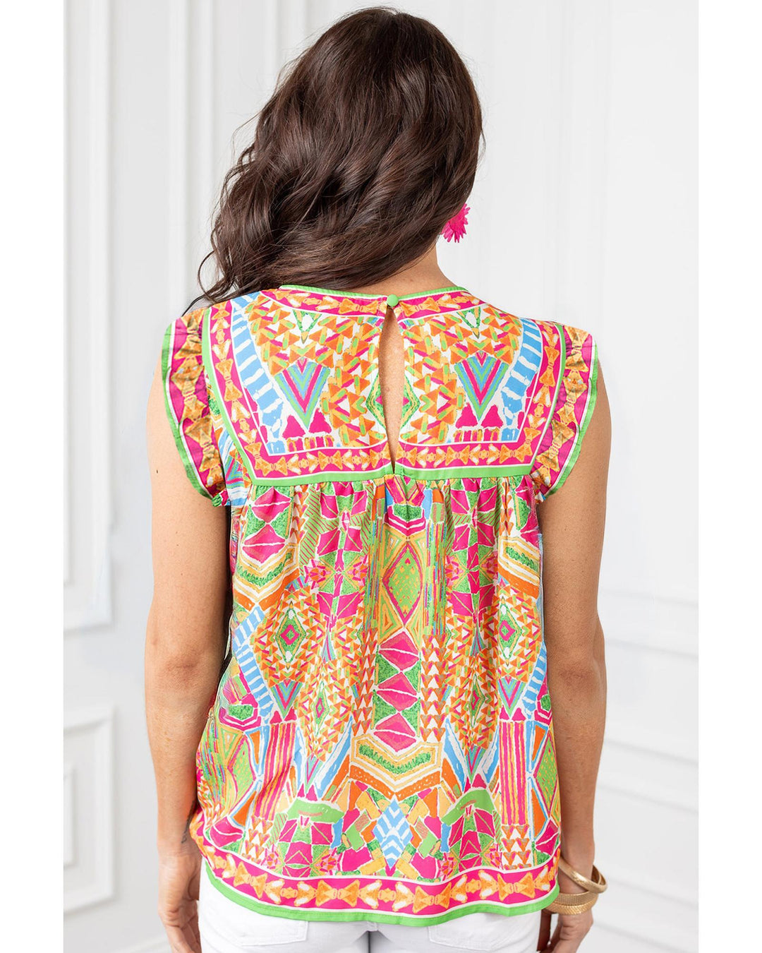 Orange Geometric Print Ruffled Trim Tank Top - M