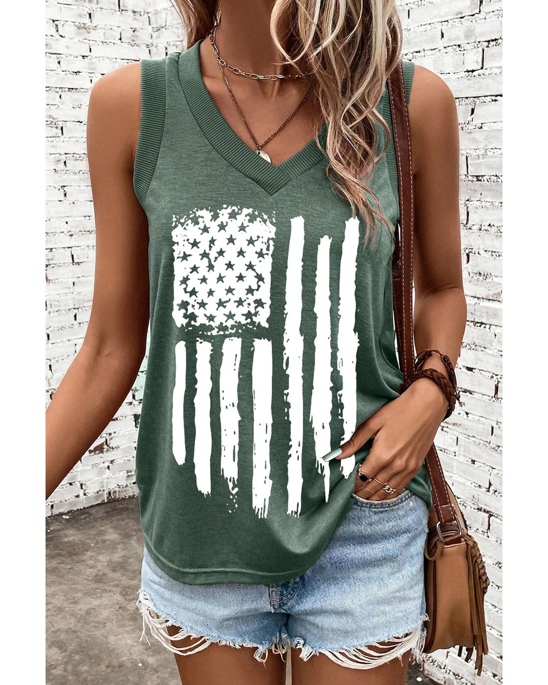 Mist Green Frayed American Flag Printed V Neck Tank Top - S