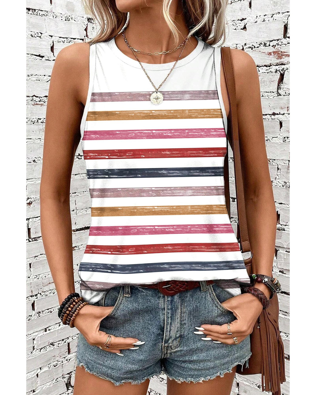 Red Stripe Rainbow Round Neck Tank Top - L