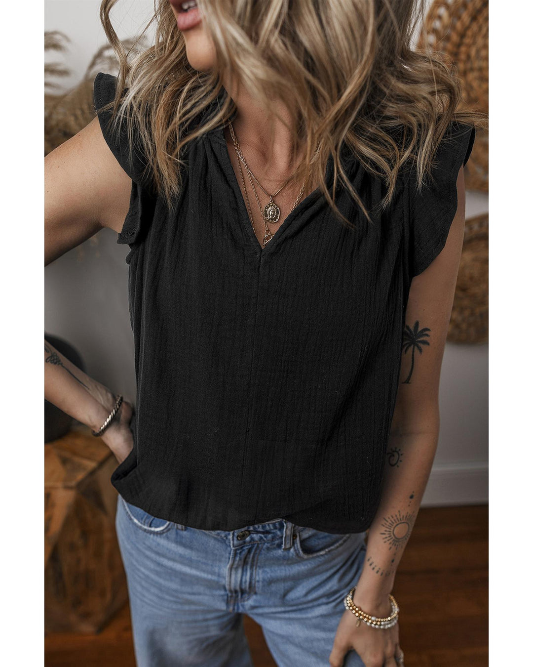 Black Ruffled Shoulder V Neck Shift Tank Top - S