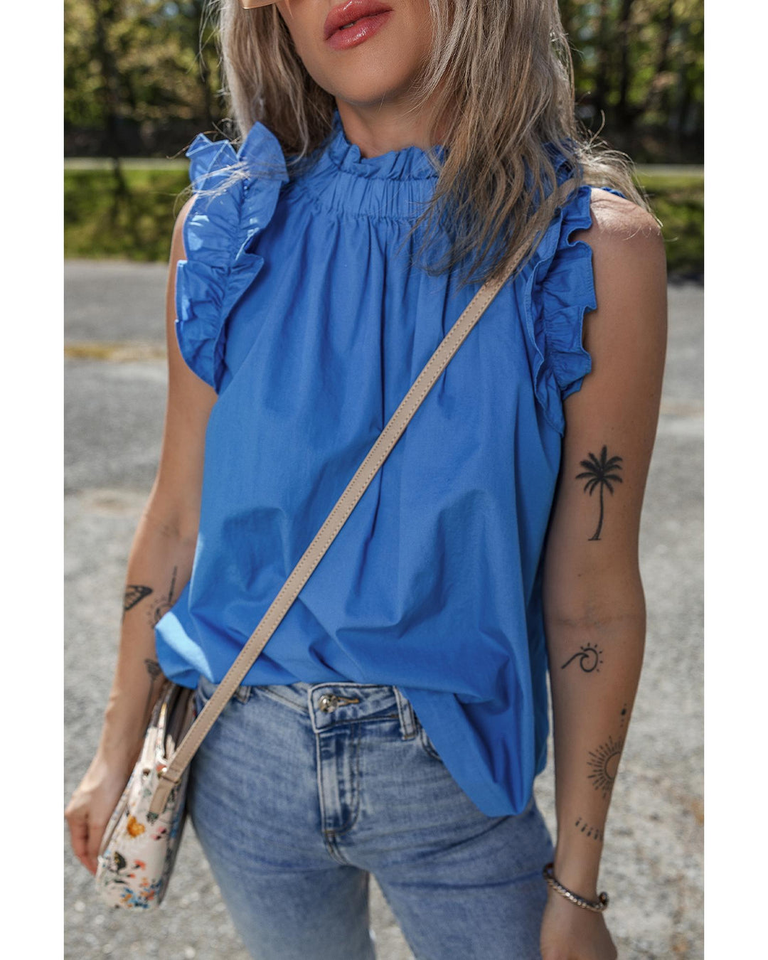 Sky Blue Frilled Neck Ruffled Armholes Buttoned Back Tank Top - L