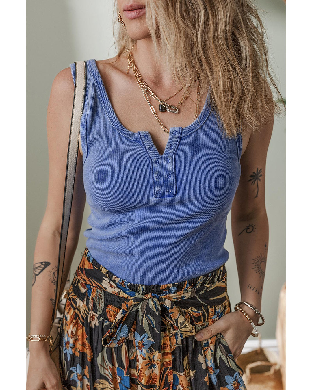 Sky Blue Mineral Wash Ribbed Notch Neck Tank Top - M