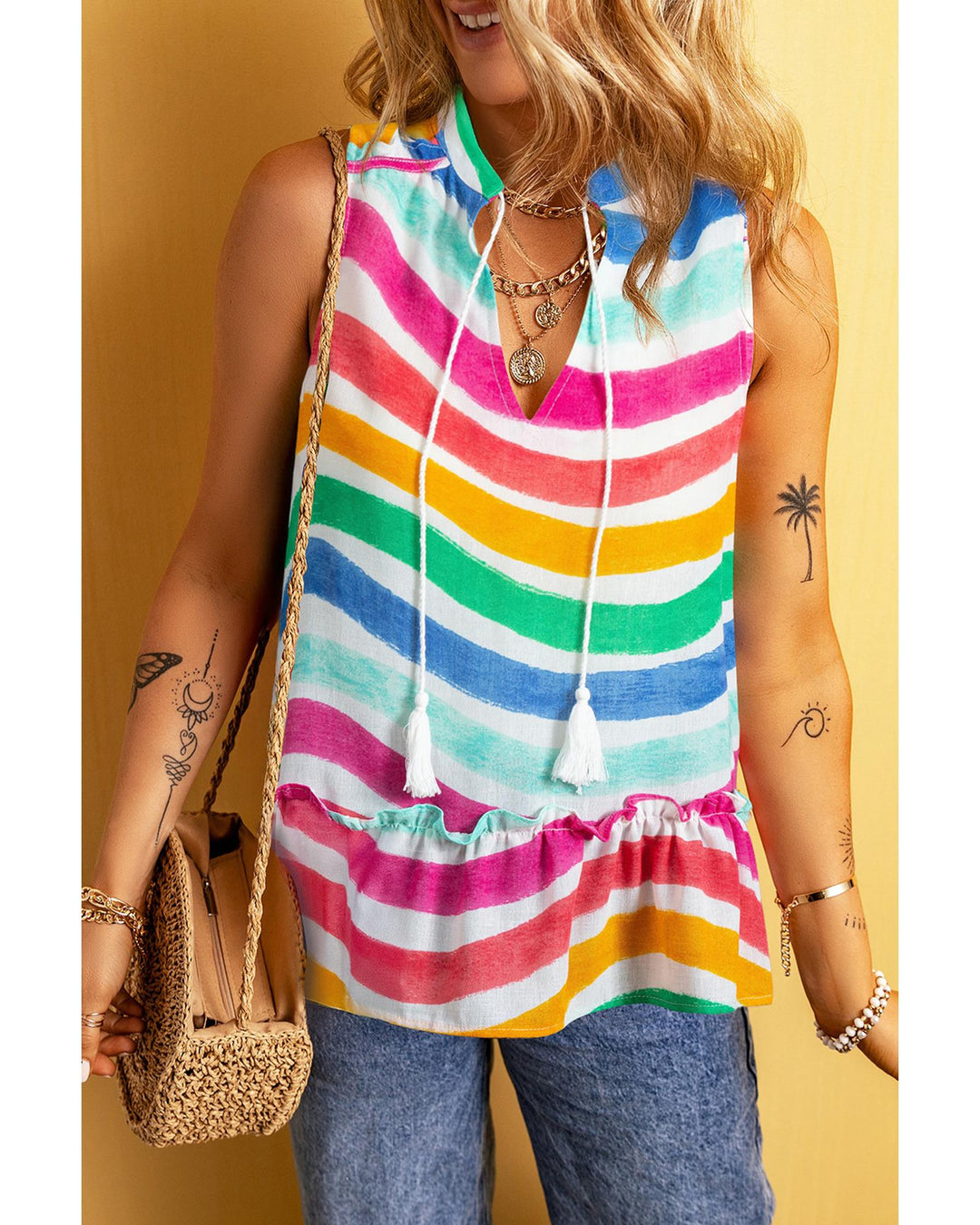 Rose Red Rainbow Stripes Ruffled Hem Drawstring V Neck Tank Top - M