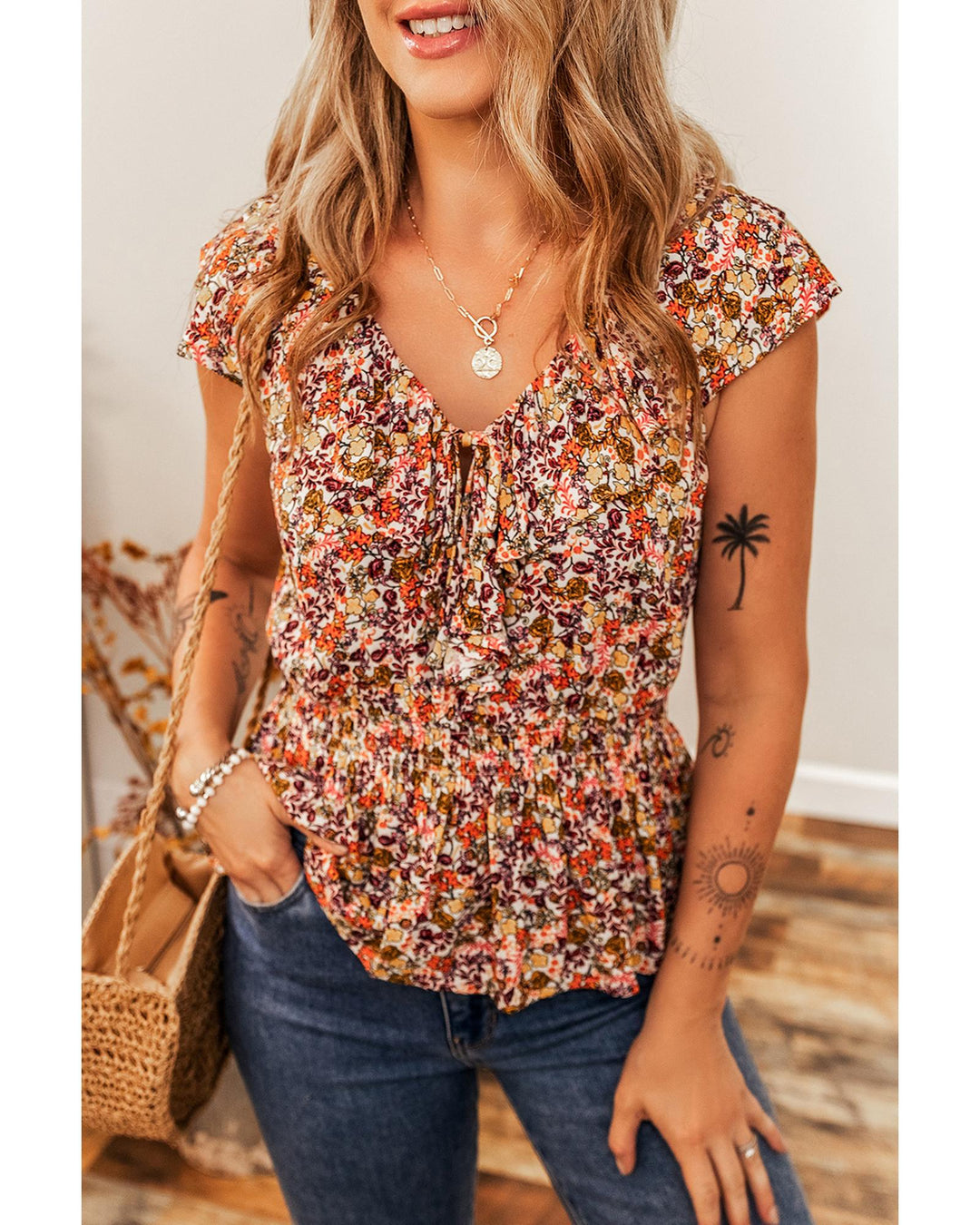 Red Floral Print Knot V Neck Ruffled Sleeve Blouse - XL