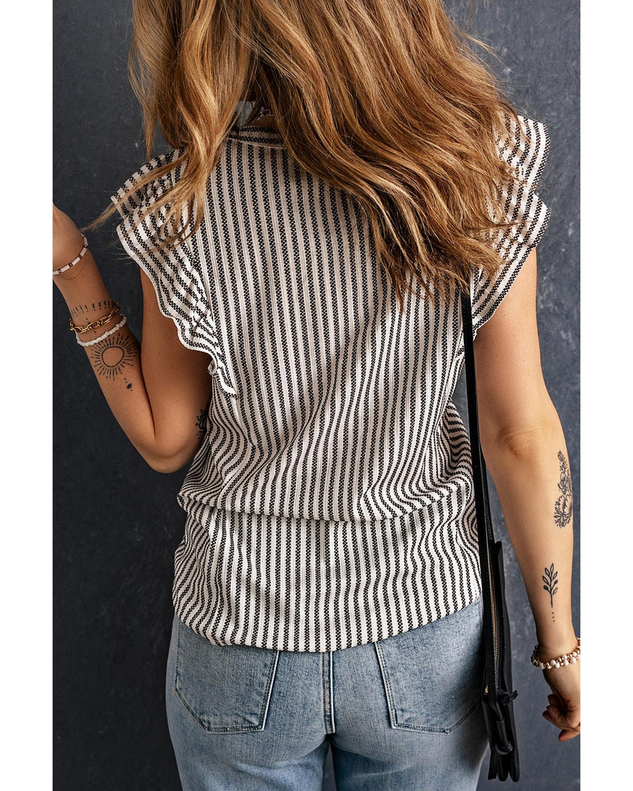 Gray Crew Neck Ruffled Striped Tank Top - XL