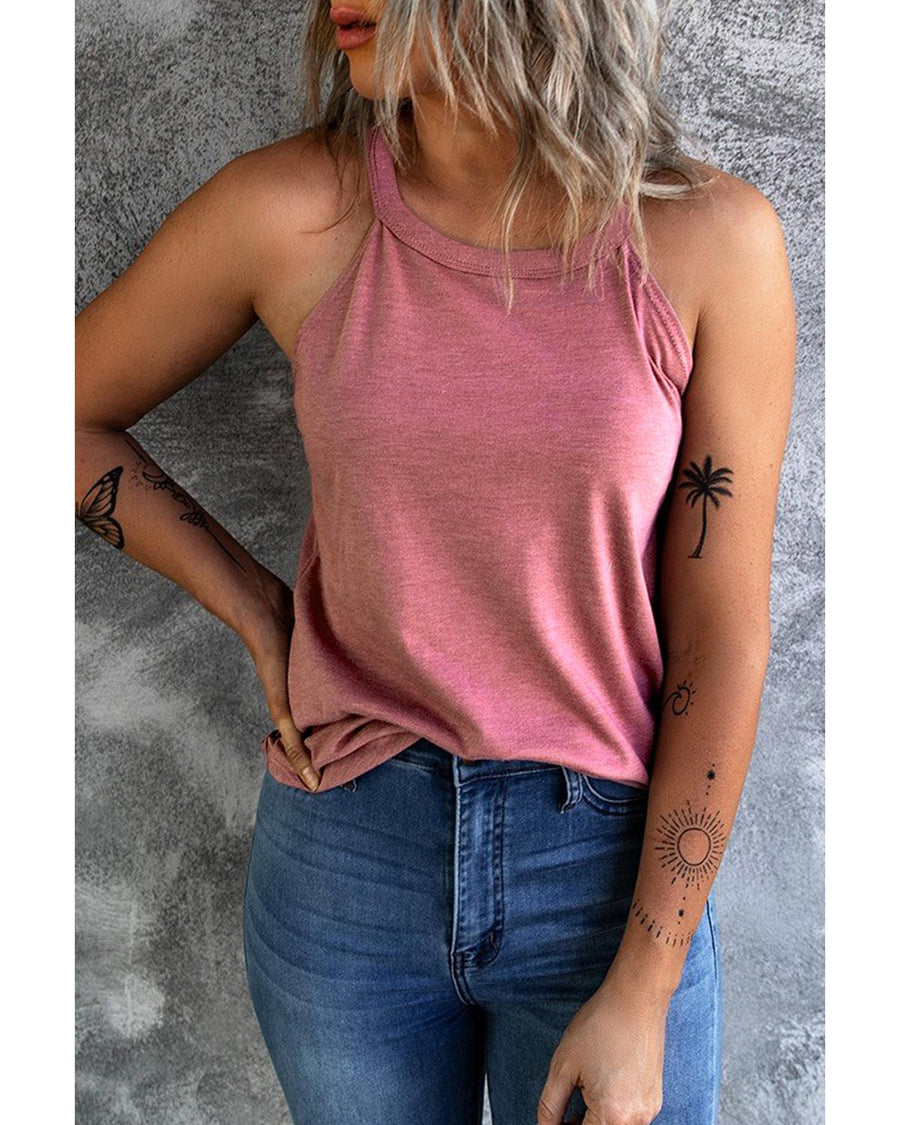 Pink Solid Color Crew Neck Tank Top - L