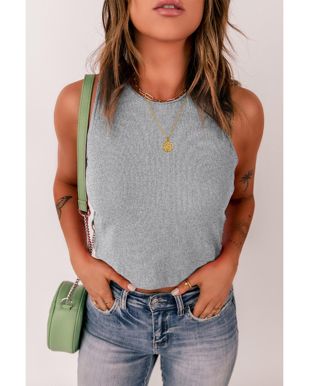 Gray Rib Knit Crew Neck Sleeveless Crop Top - XL