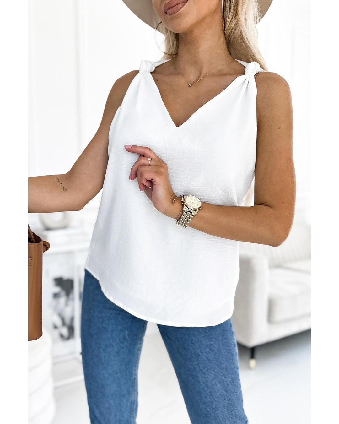 White V Neck Knotted Shoulder Vest - XL