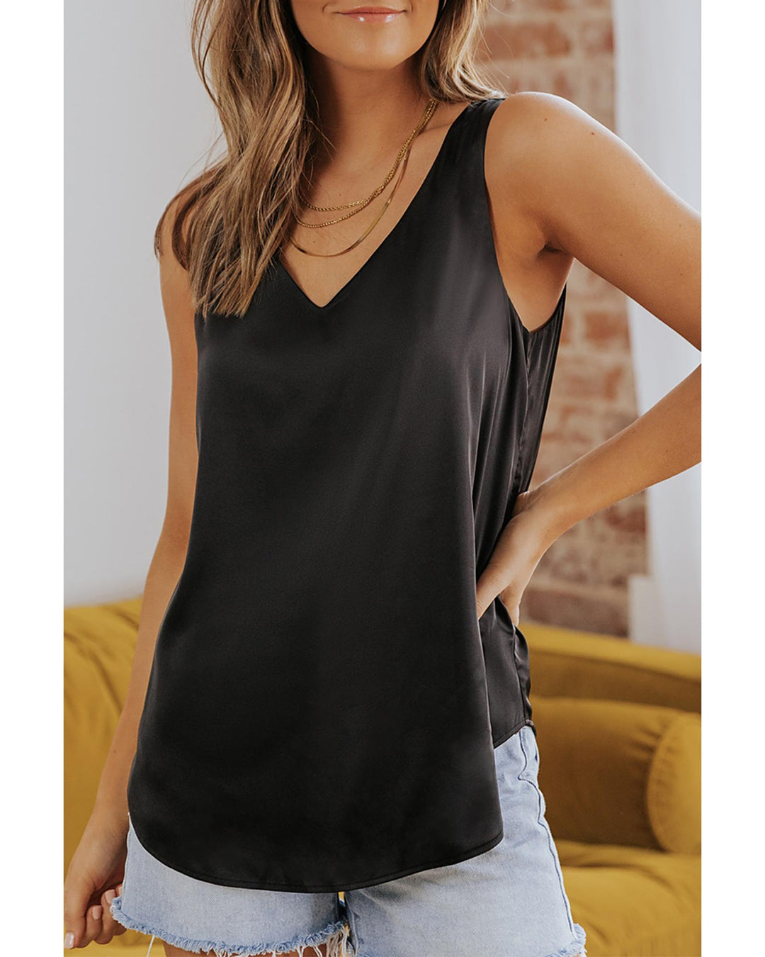 Black Deep V Neck Loose Tank Top - M