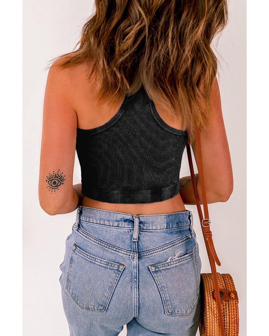 Black Ribbed Mineral Wash Racerback Cropped Tank Top - XL