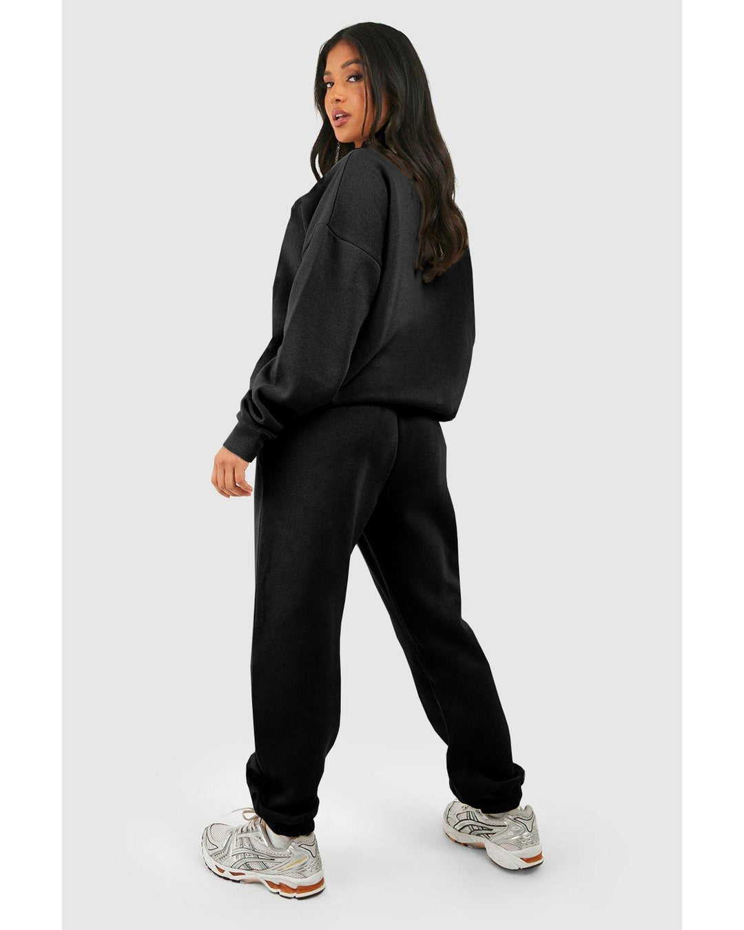 Black Plain Half Zip V Neck Ribbed Edge Loose Tracksuit - 2XL