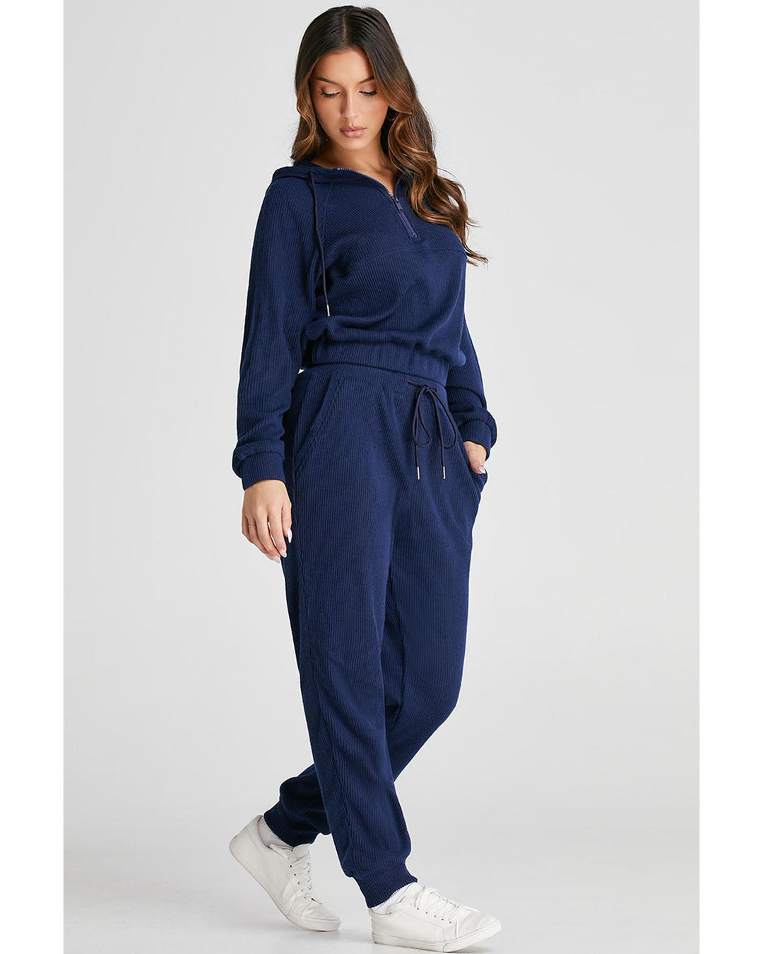 Navy Blue Ribbed Knit Cropped Hoodie and Drawstring Joggers Set - M