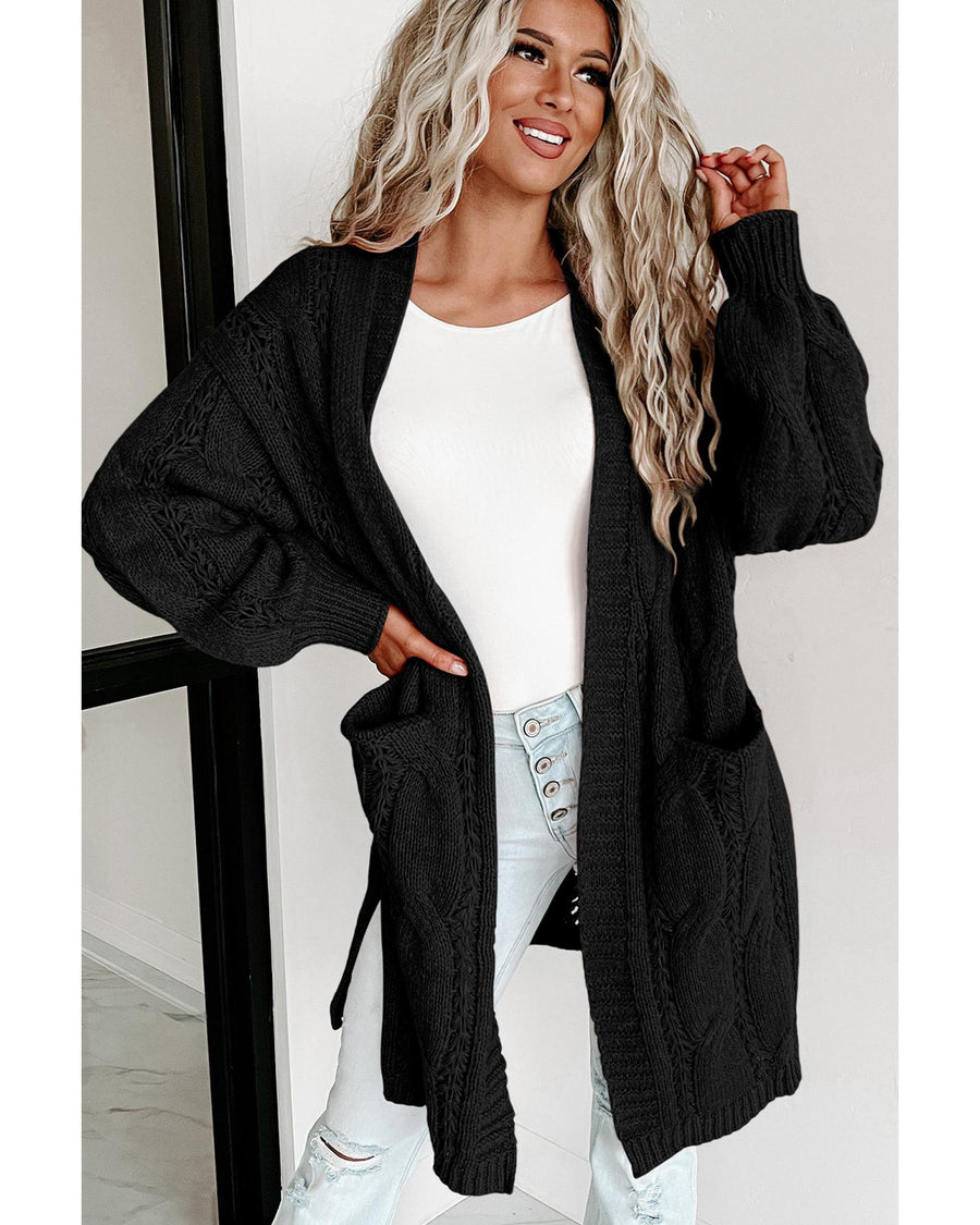 Black Ribbed Trim Eyelet Cable Knit Cardigan - XL