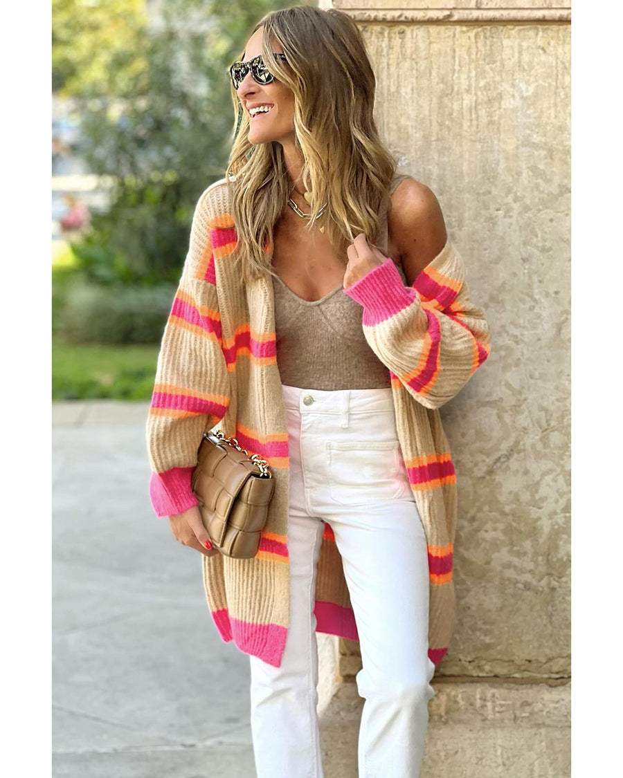 Stripe Printed Ribbed Long Knitted Cardigan - S