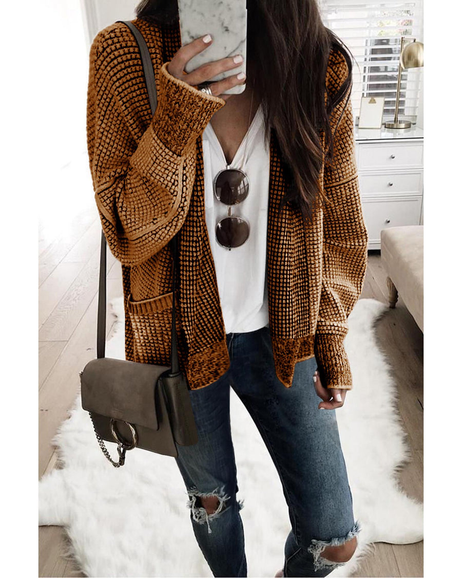 Brown Chunky Waffle Knit Oversized Collar Cardigan - L