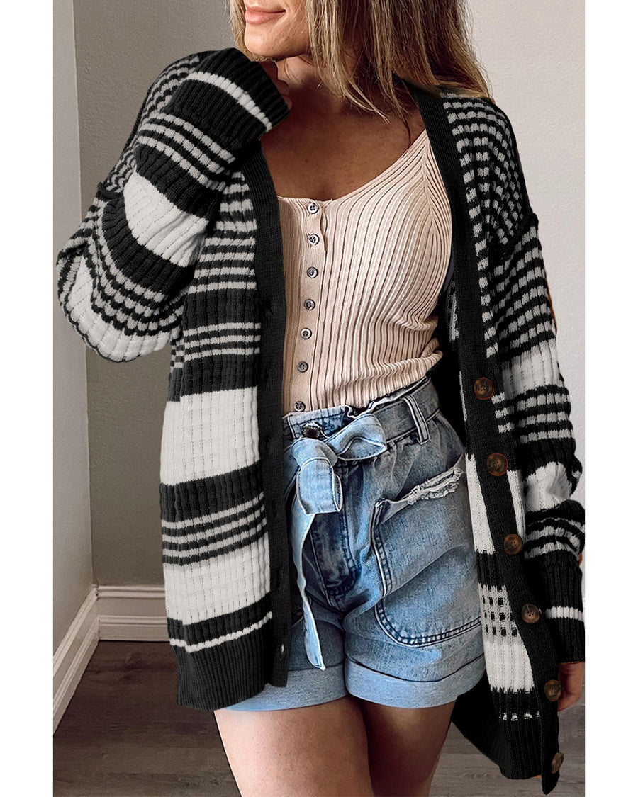 Black Colorblock Textured Knit Buttoned Cardigan - S
