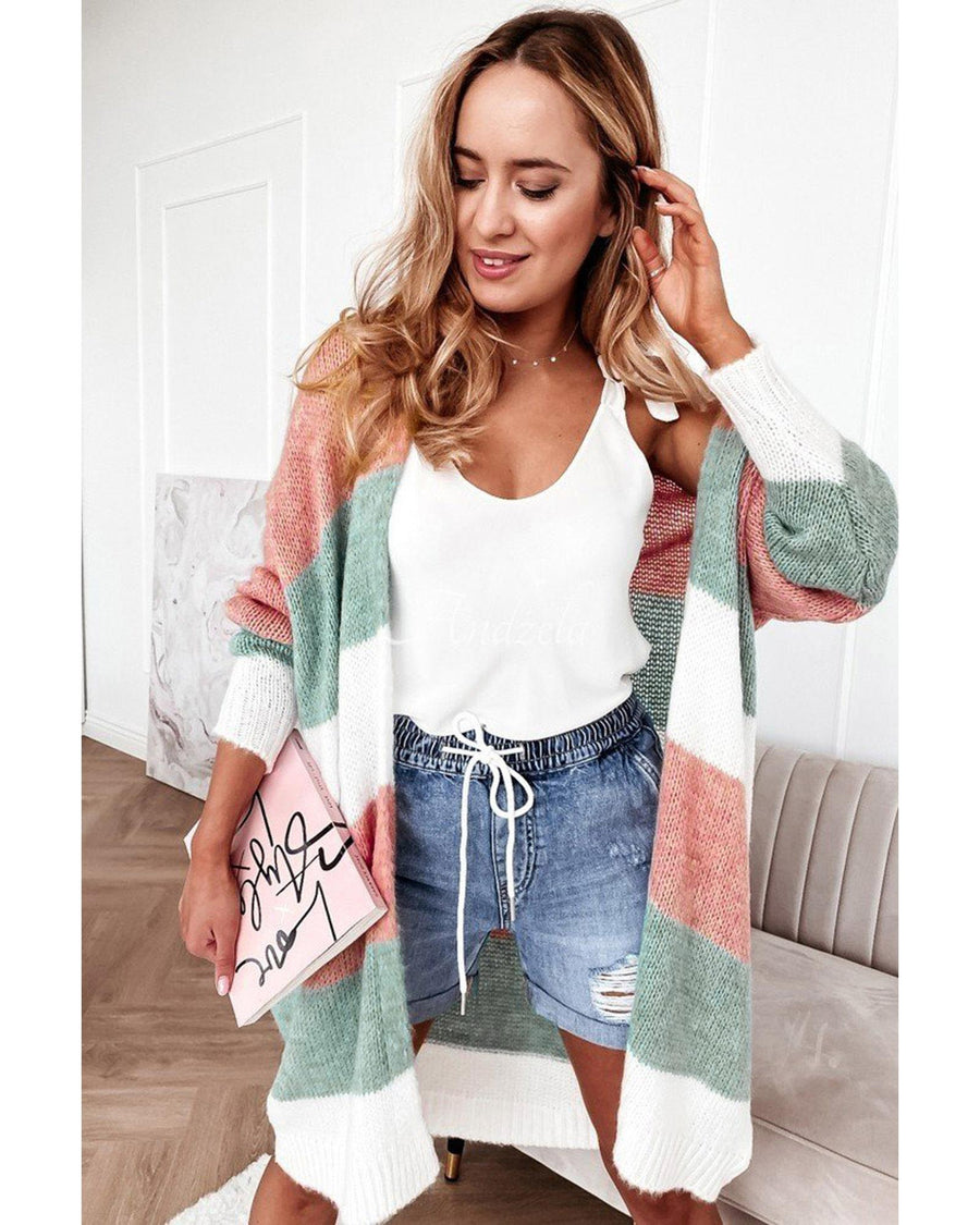 Green Colorblock Stripe Open-Front Cardigan - L