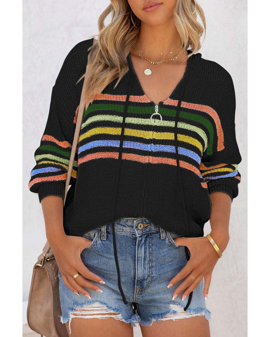 Black Striped Detail Zip Up Hooded Sweater Cardigan - 2XL
