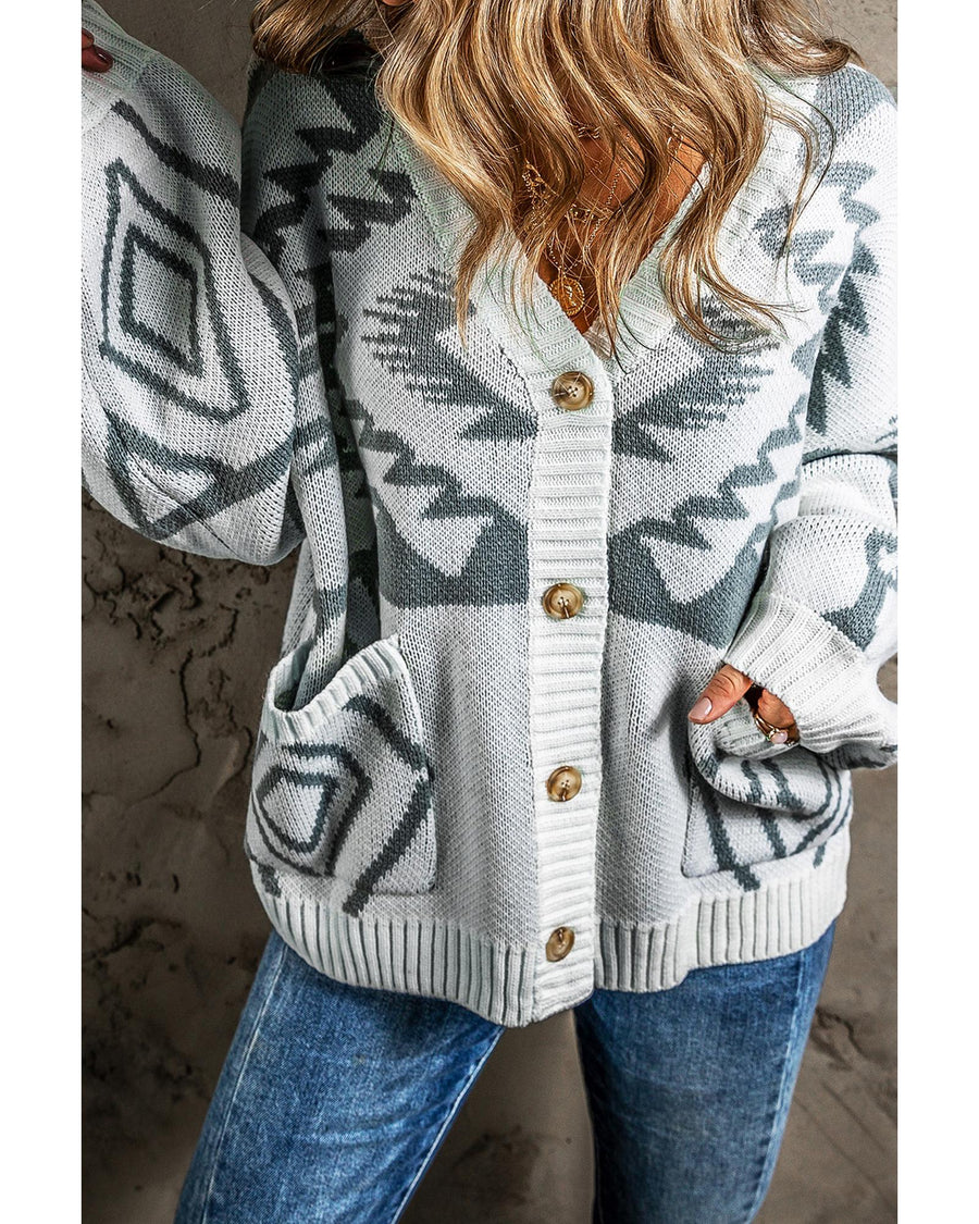 Light Grey Geometric Pattern Ribbed Trim Button-Up Cardigan - L
