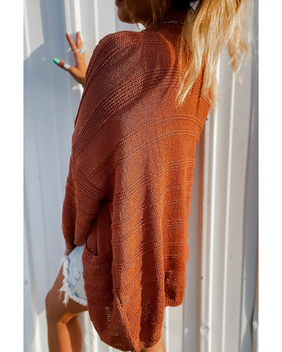 Tomato Red Open Front Textured Knit Cardigan with Pockets - L
