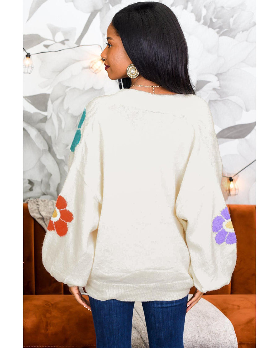 White Flower Jacquared Bubble Sleeve Open Cardigan - S