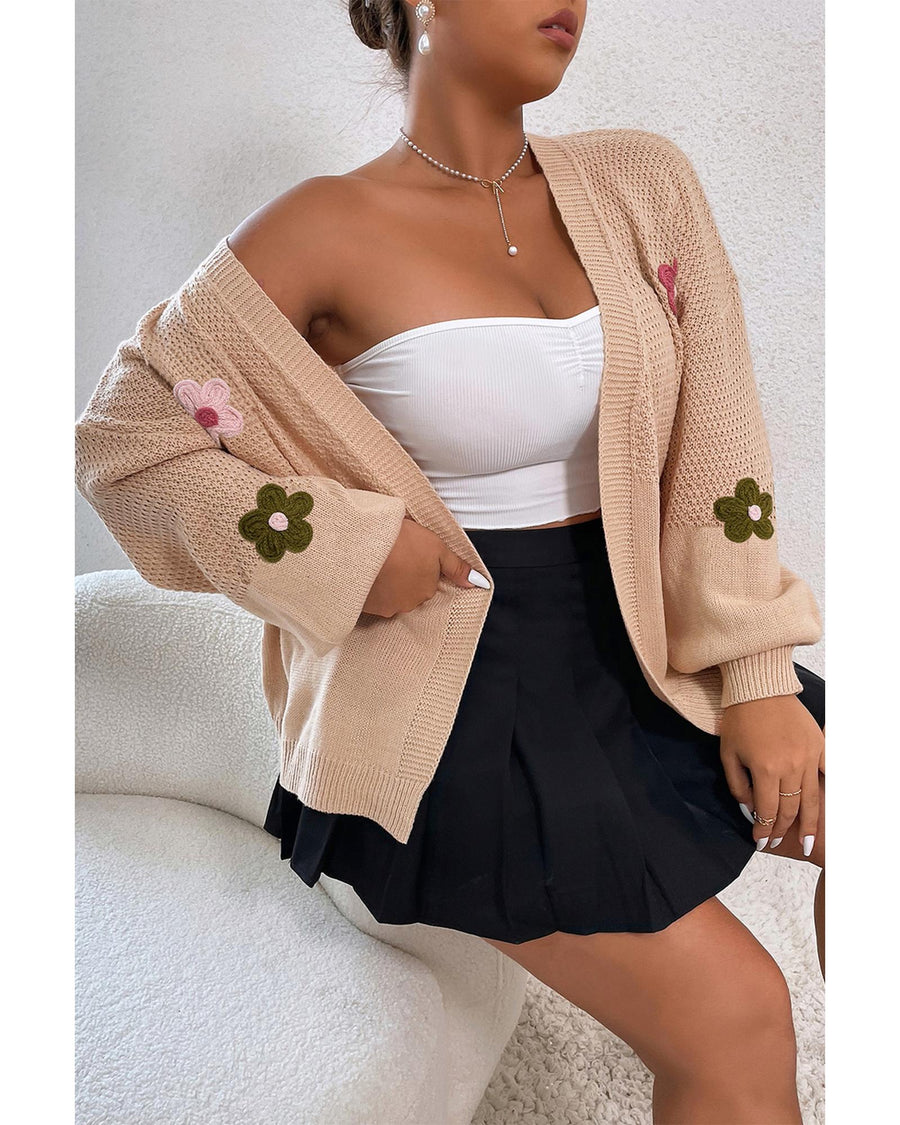 Smoke Gray Floral Applique Drop Shoulder Bubble Sleeve Cardigan - L