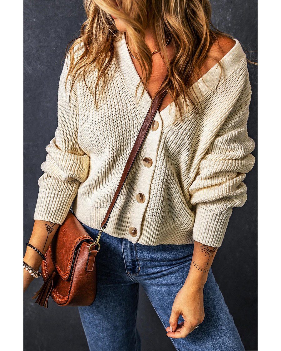 Beige Plain Knitted Buttoned V Neck Cardigan - XL