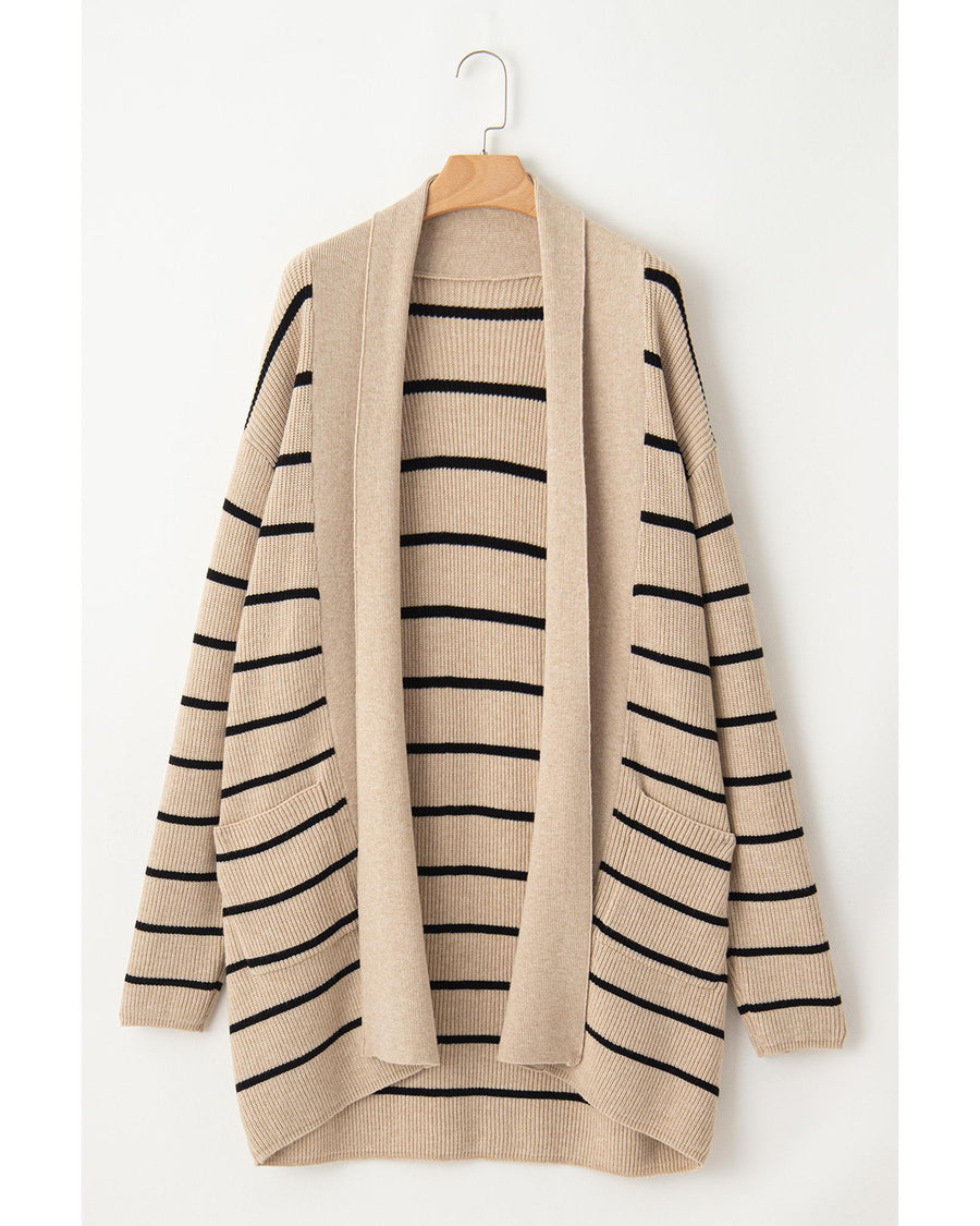 Black Stripe Shawl Neckline Open Cardigan with Pockets - XL
