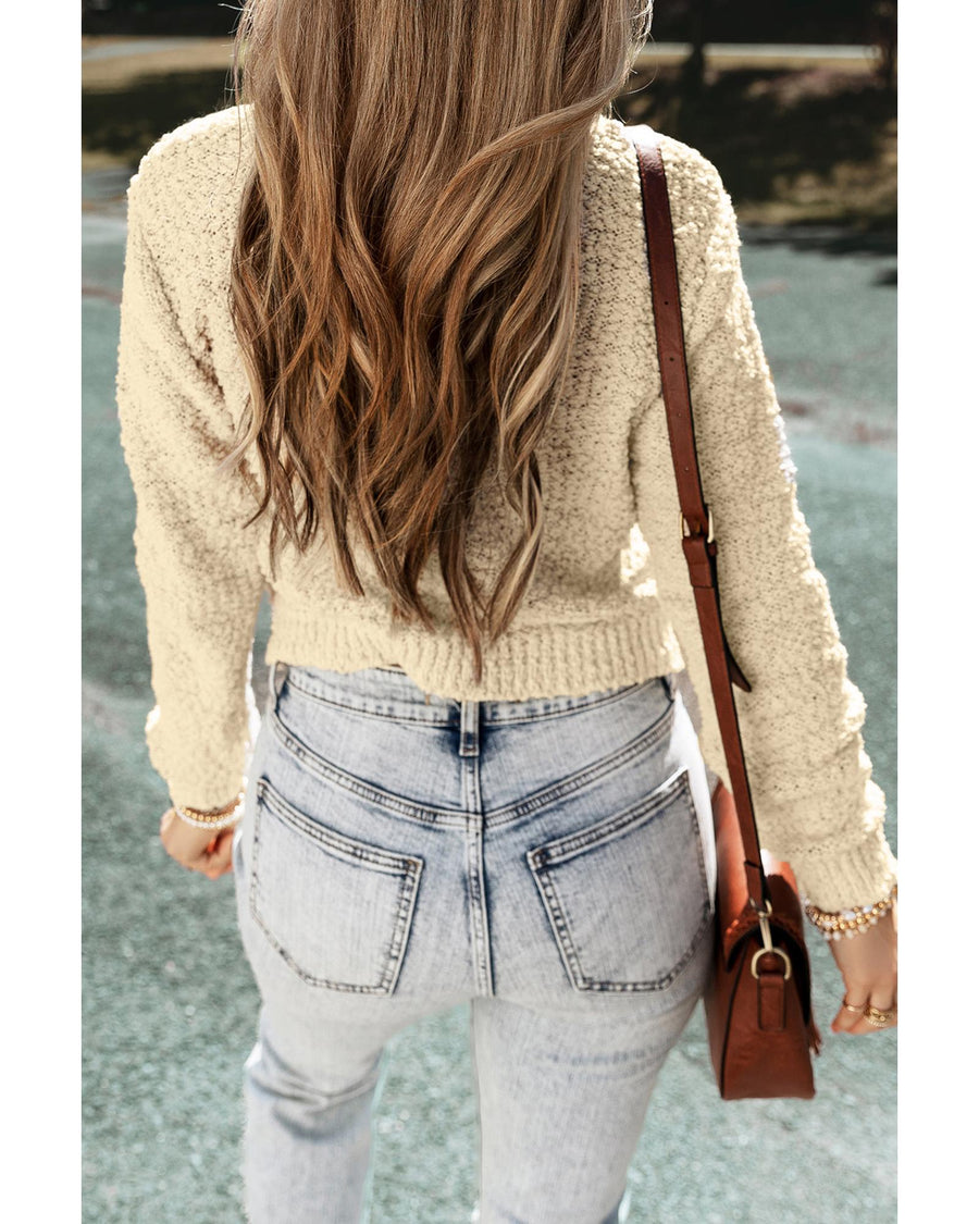Oatmeal Pearl Buttons Popcorn Textured Sweater Cardigan - S