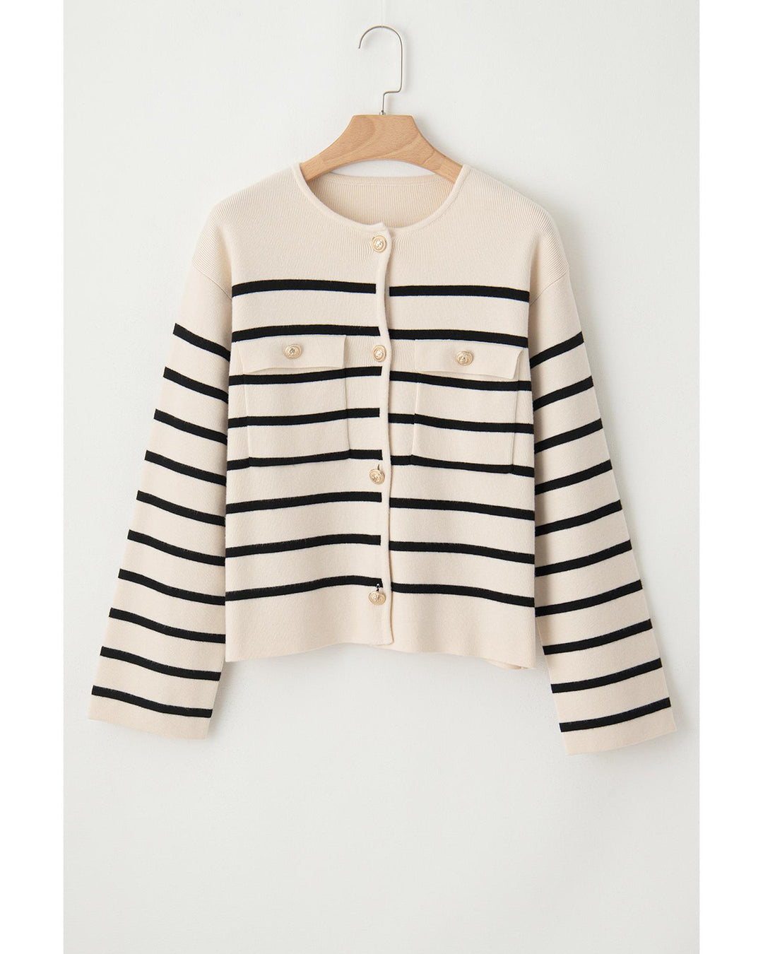 Black Stripe Flap Pocket Buttoned Cardigan Sweater - L