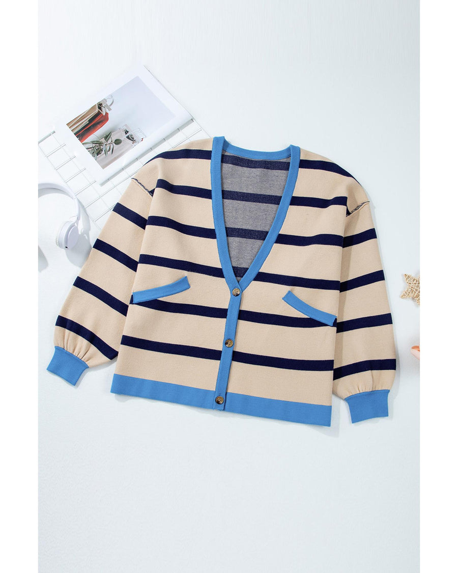 White Colorblock Drop Shoulder Buttoned Loose Cardigan - S