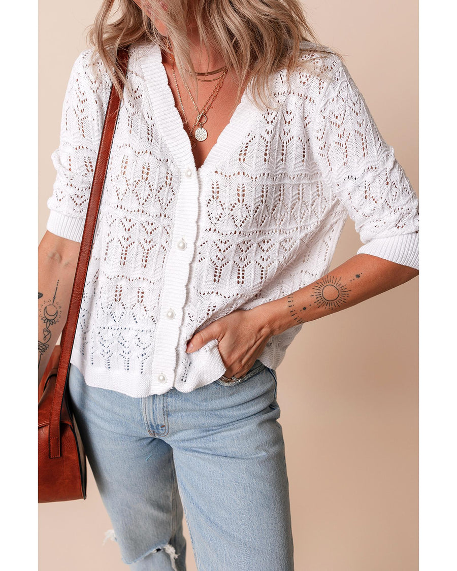 White Frenchy Hollow Out Knitted V Neck Cardigan - M