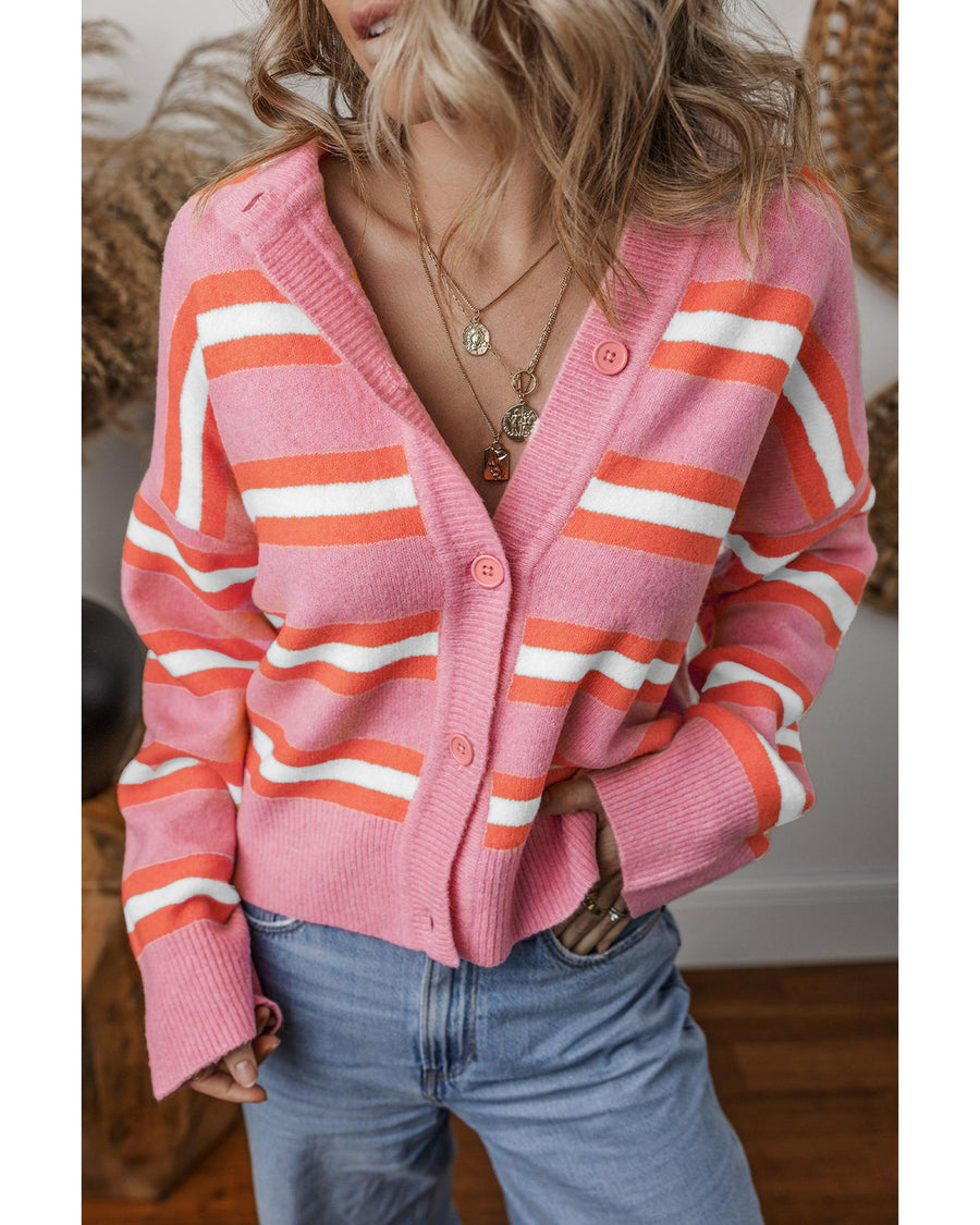 Pink Stripe Drop Shoulder Buttons Cardigan Sweater - 2XL