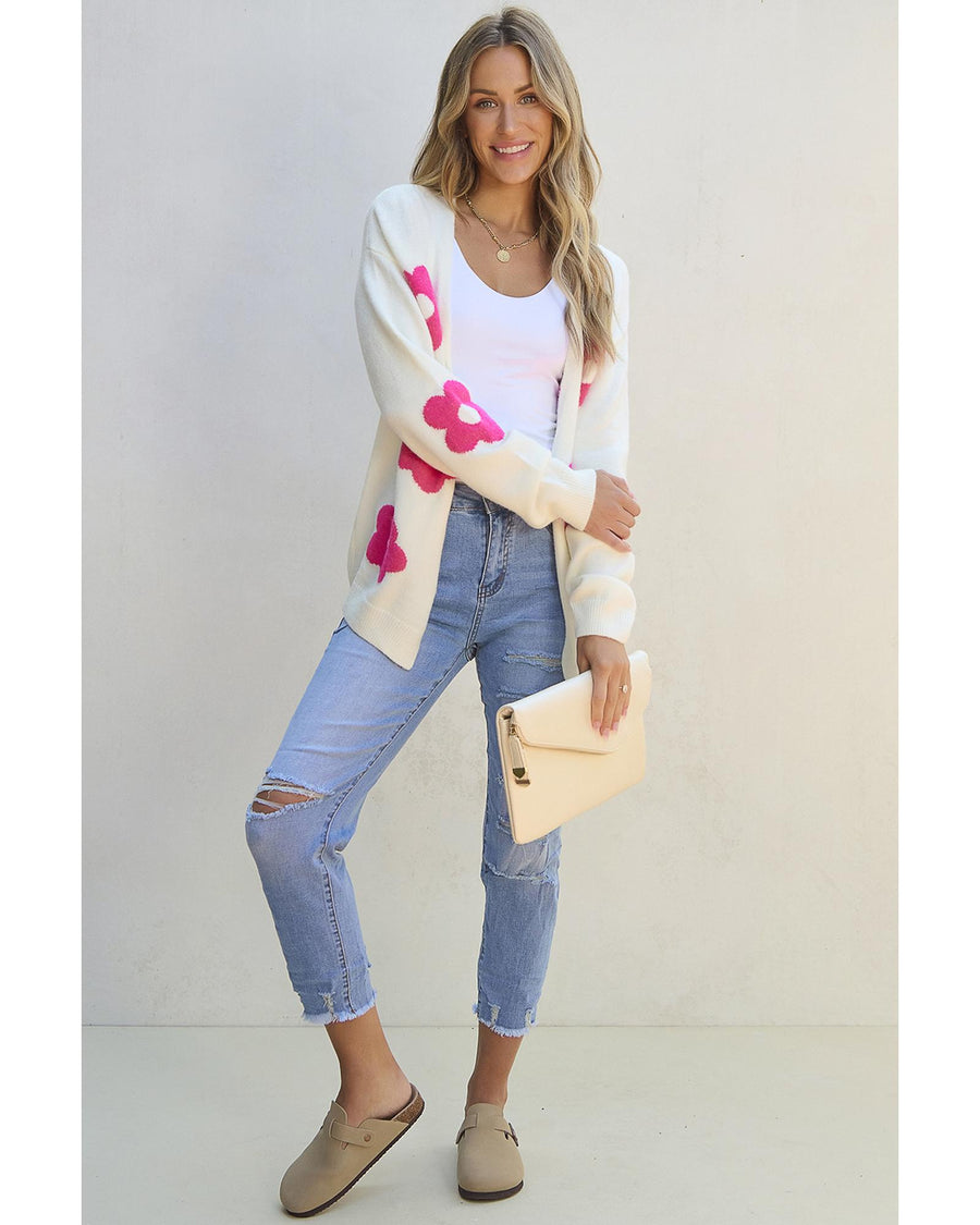 Rose Red Flower Pattern Open Front Cardigan - XL