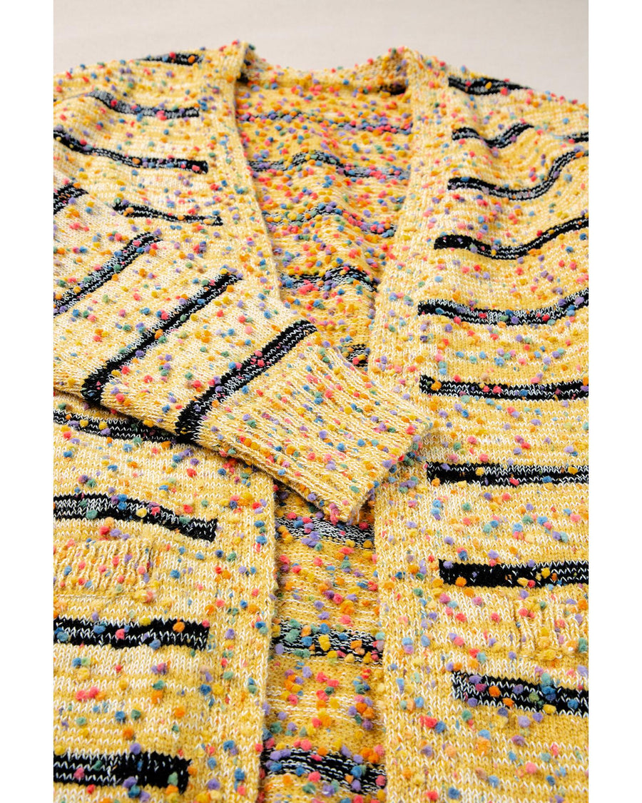 Beige Striped Pom Pom Knit Open Front Long Cardigan - XL