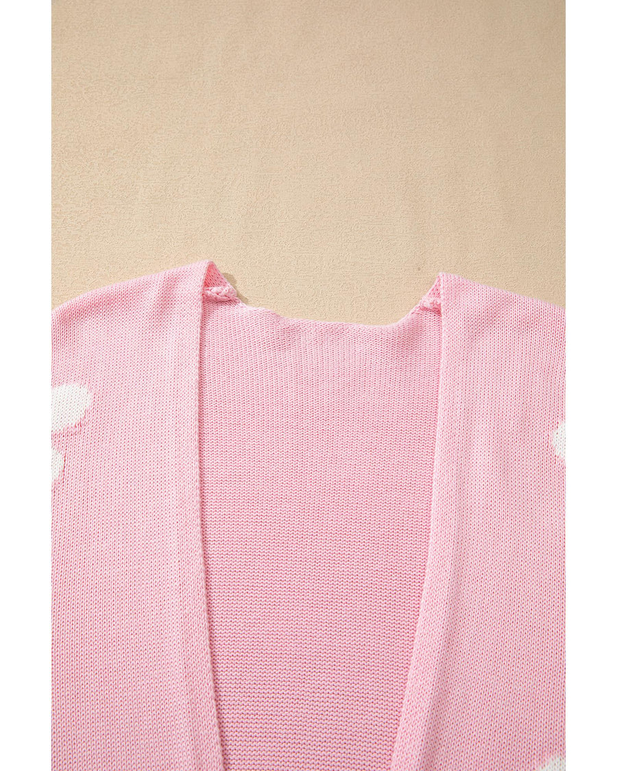 Pink Floral Print Knitted Open Front Loose Cardigan - S