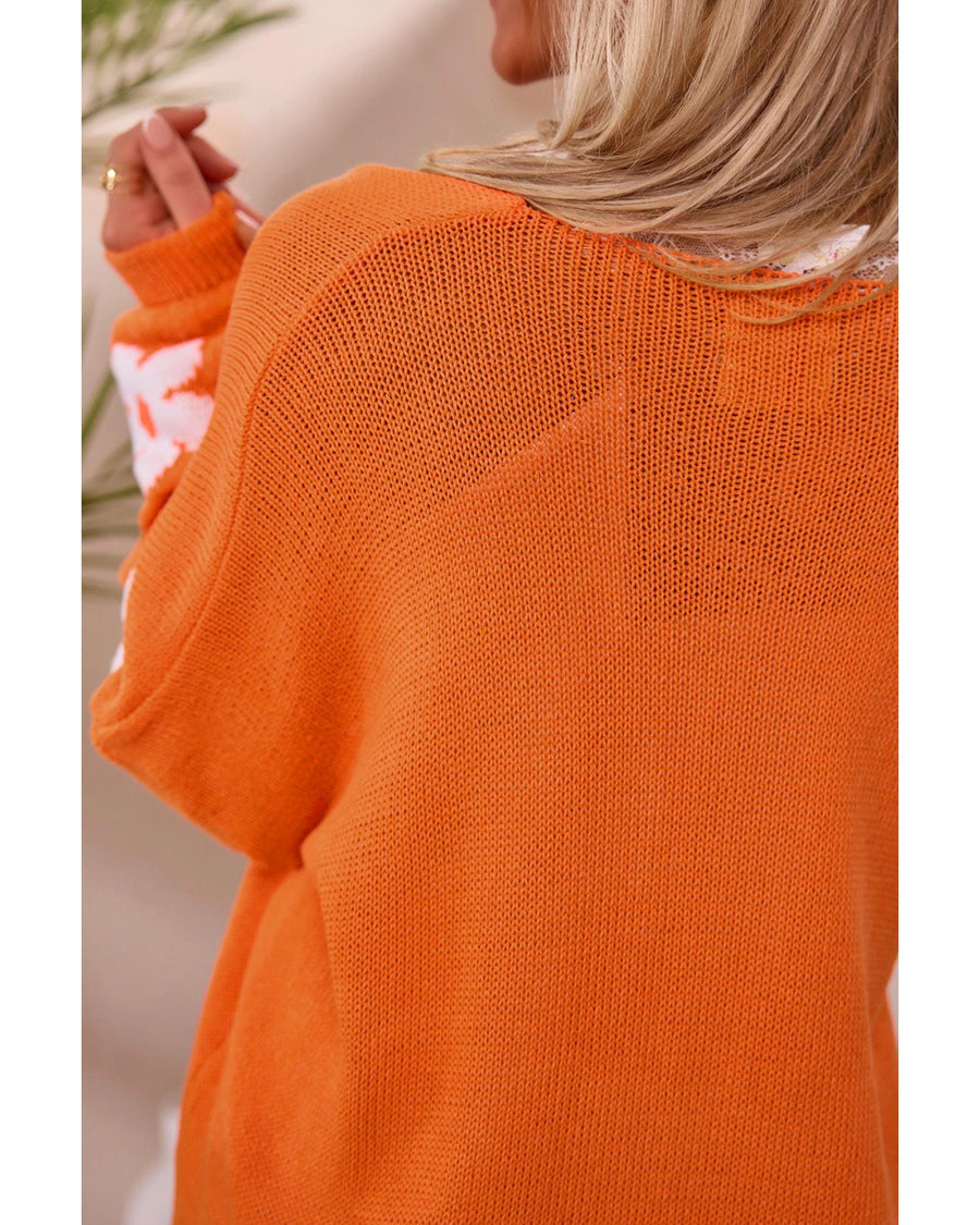Orange Floral Print Knitted Open Front Loose Cardigan - S