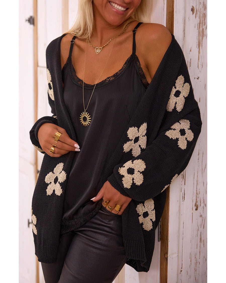 Black Floral Print Knitted Open Front Loose Cardigan - M