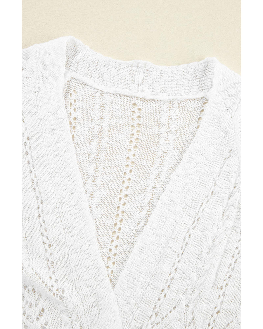 White Solid Open Knit Cardigan - L