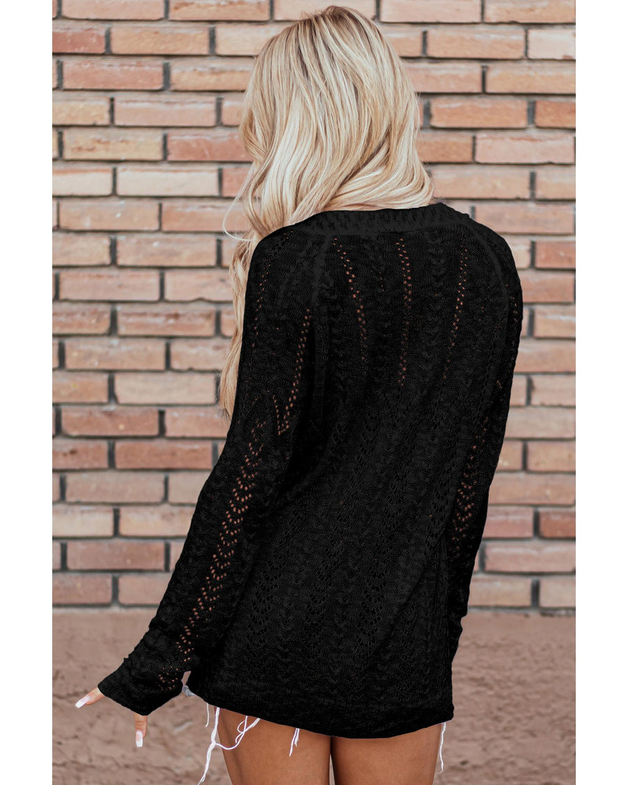 Black Solid Open Knit Cardigan - S