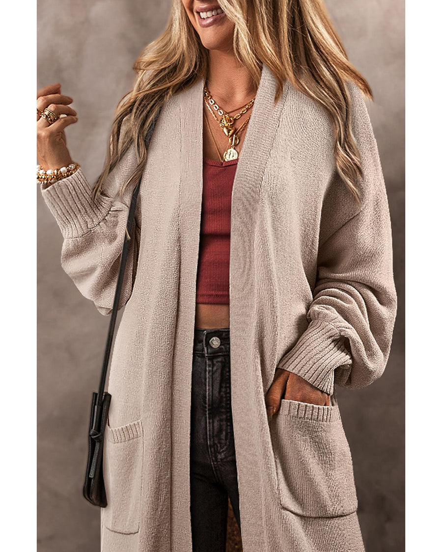 Beige Side Pockets Open Front Long Knitted Cardigan - L