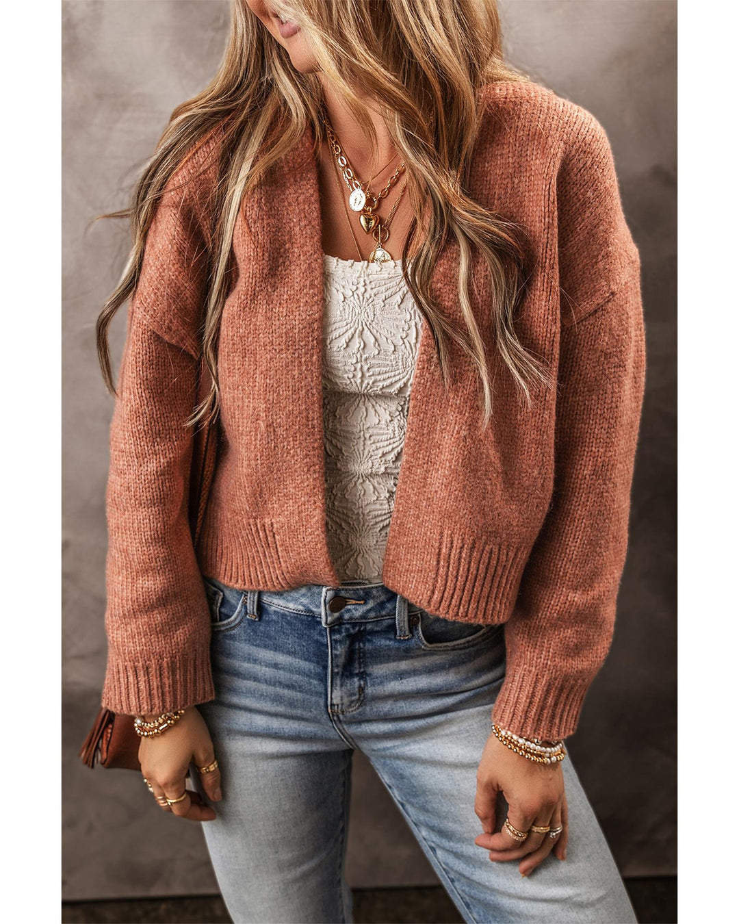 Light French Beige Drop Shoulder Open Front Cropped Cardigan - M