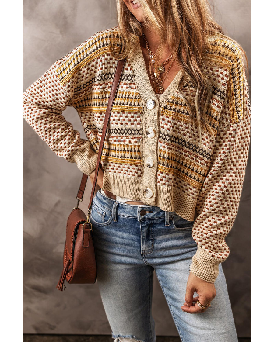 Khaki Buttoned V Neck Cropped Cardigan - M