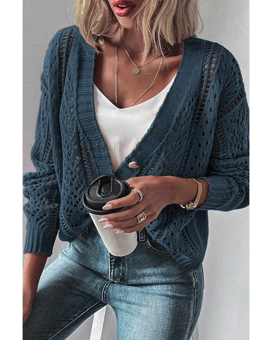 Real Teal Open Knit Drop Shoulder Sweater Cardigan - L