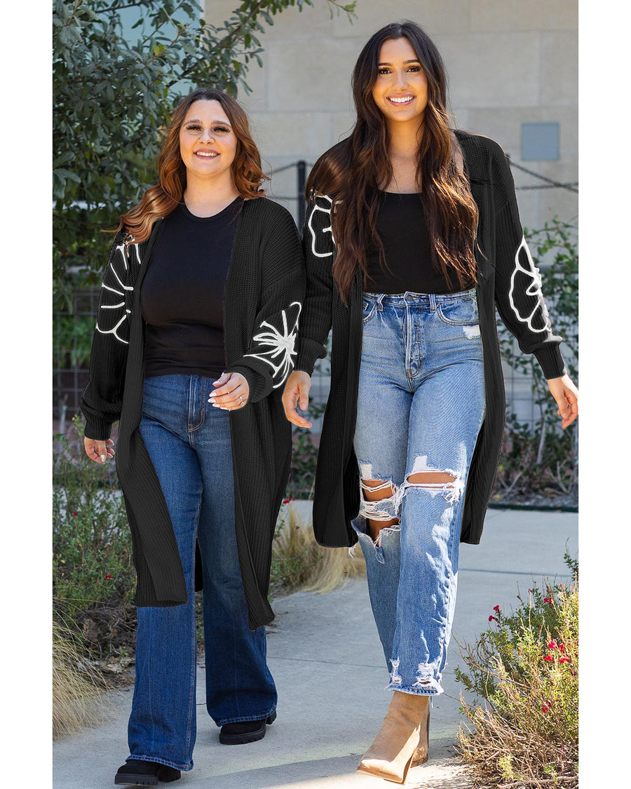 Black Flower Embroidered Drop Shoulder Open Front Duster Cardigan - S